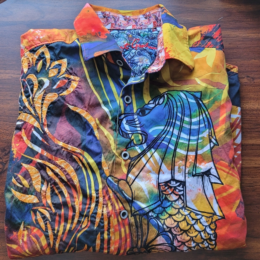 Robert Graham Men's Small Colourful Button Down Shirt Batik Embroidered